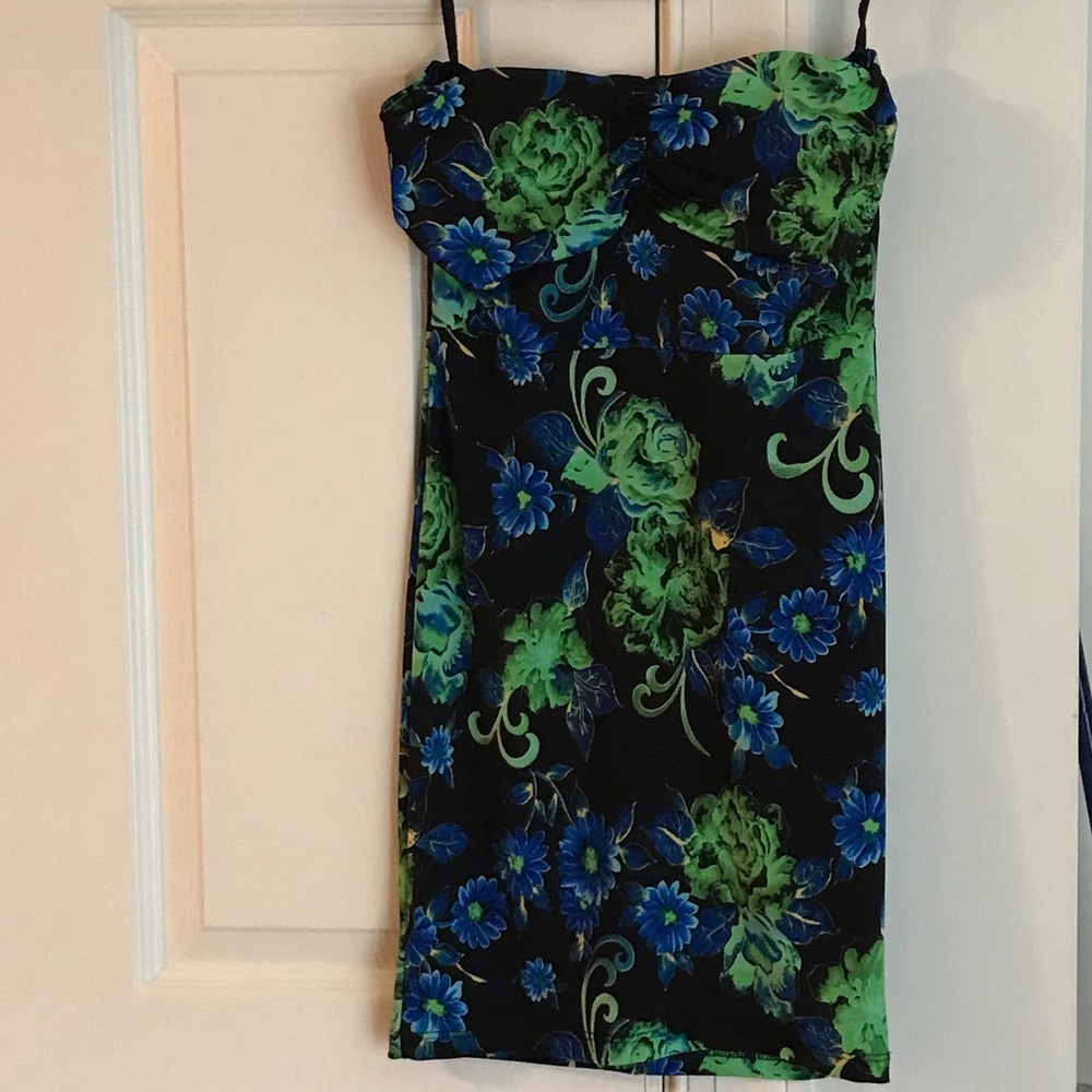 Navy mini dress with blue & green flowers
